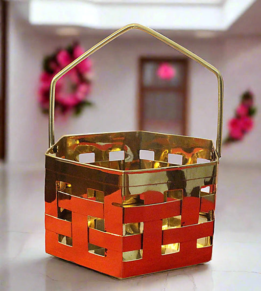 Vintage Brass Woven Hexagon Basket